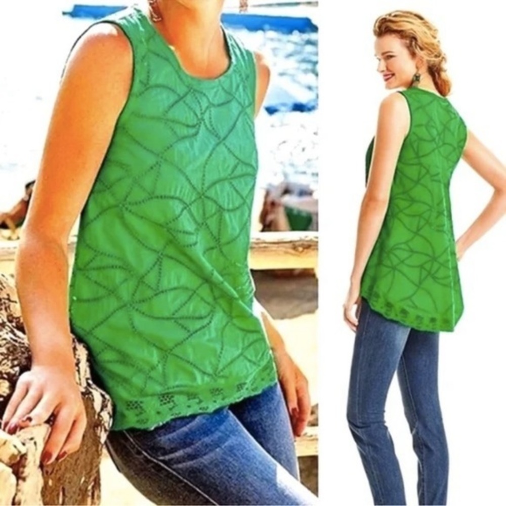 Cabi Gemma‎ Green Eyelet Sleeveless Cotton Blouse Shirt top size M